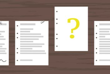 Illustration of documents on a table with a question mark on one