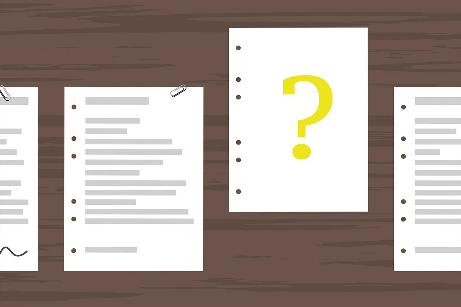 Illustration of documents on a table with a question mark on one