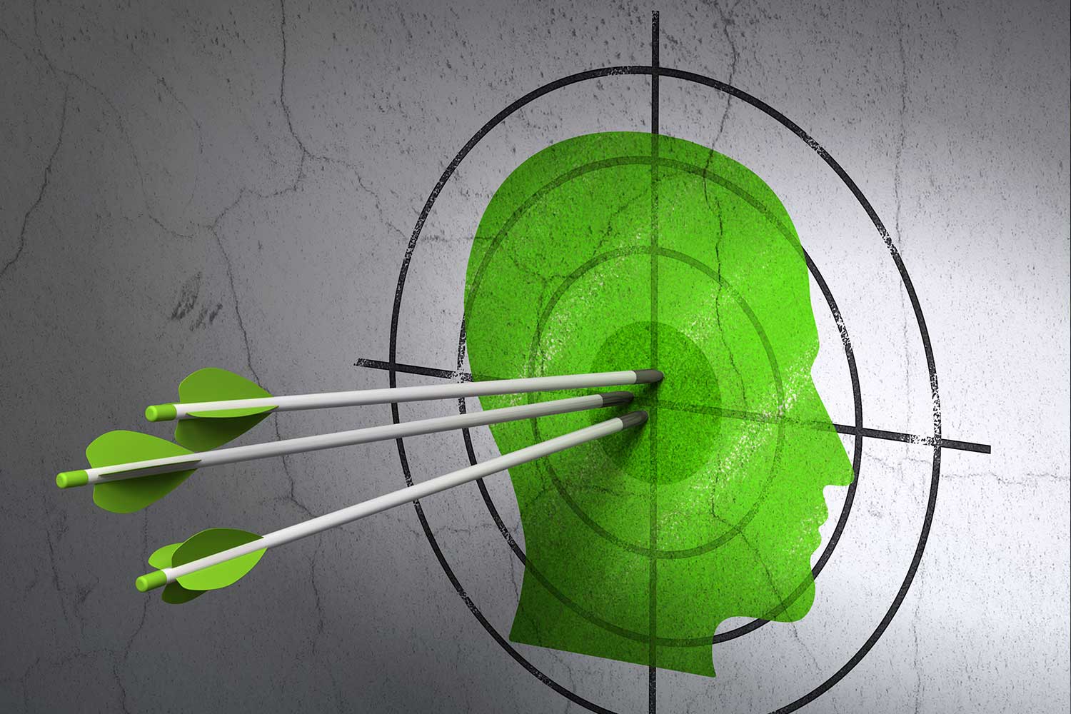 Target with a graphic of a person's head in green with three arrows hitting the center