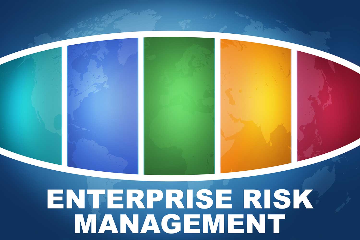Enterprise Risk Management text illustration concept on blue background with colorful world map.