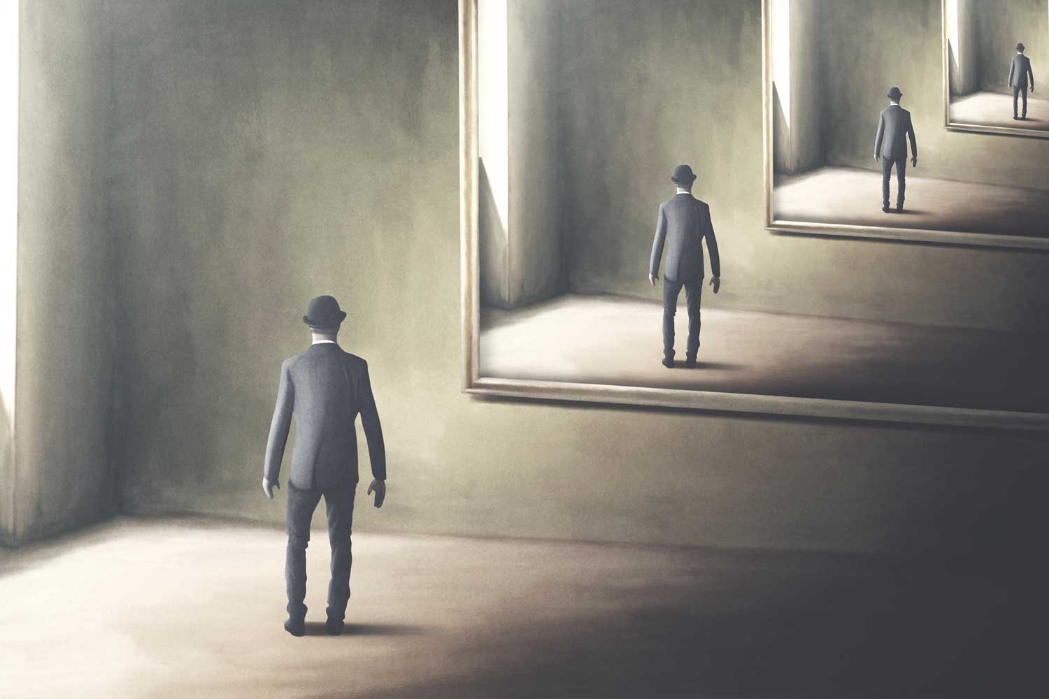 illustration: a man seeing his reflection multiple times in a mirror