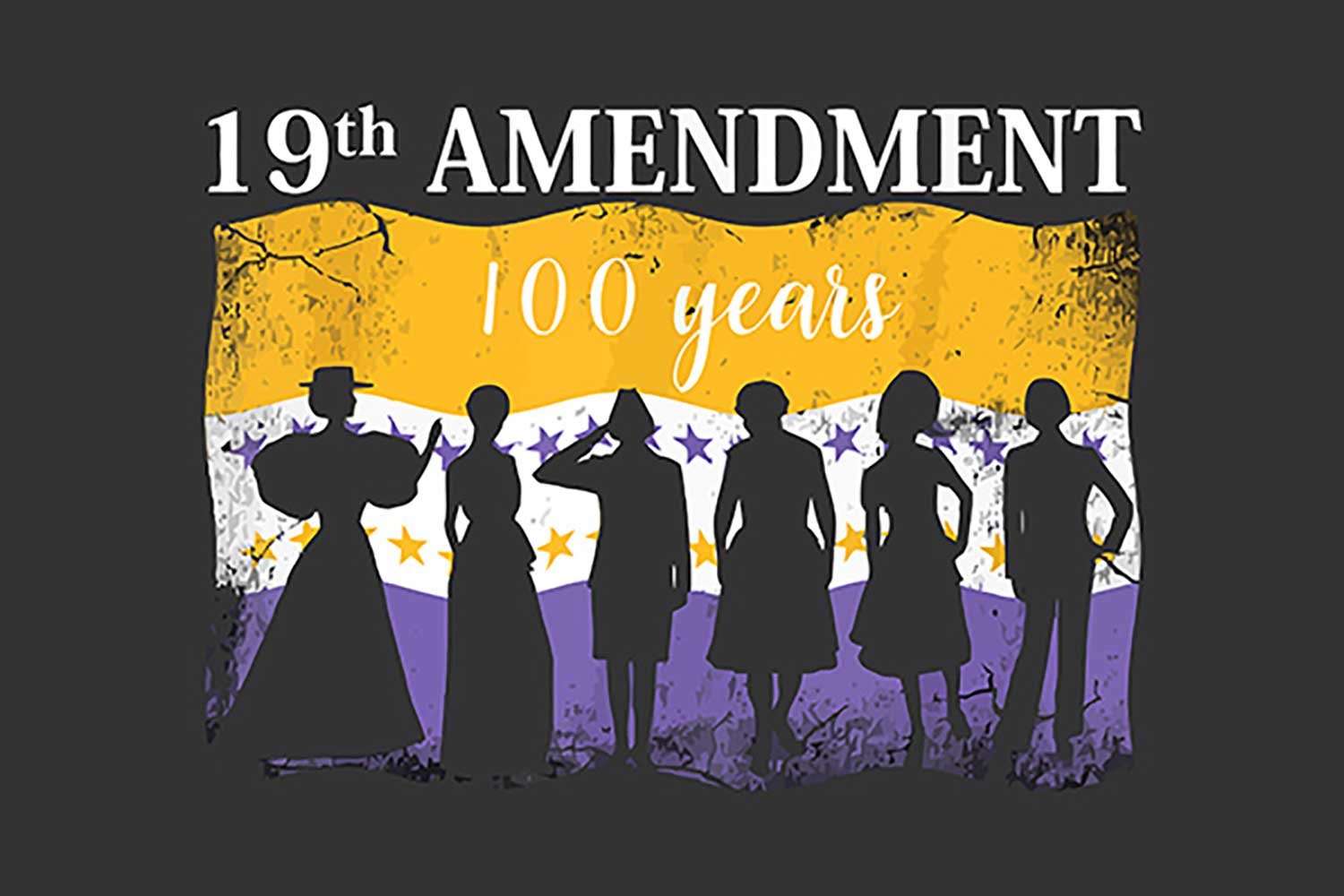 Silhouettes of women from different periods of history are shown under text that reads "19th Amendment 100 years"