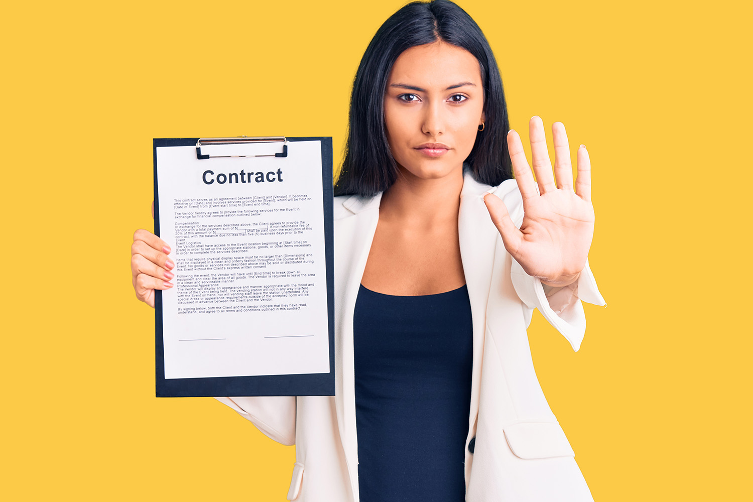 Young woman holding clipboard with contract document with open hand doing stop sign with serious and confident expression
