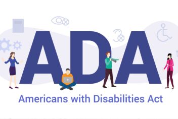 cartoon people standing in front of big letters that spell out "ADA"
