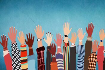 Illustration of multiple hands raised in the air