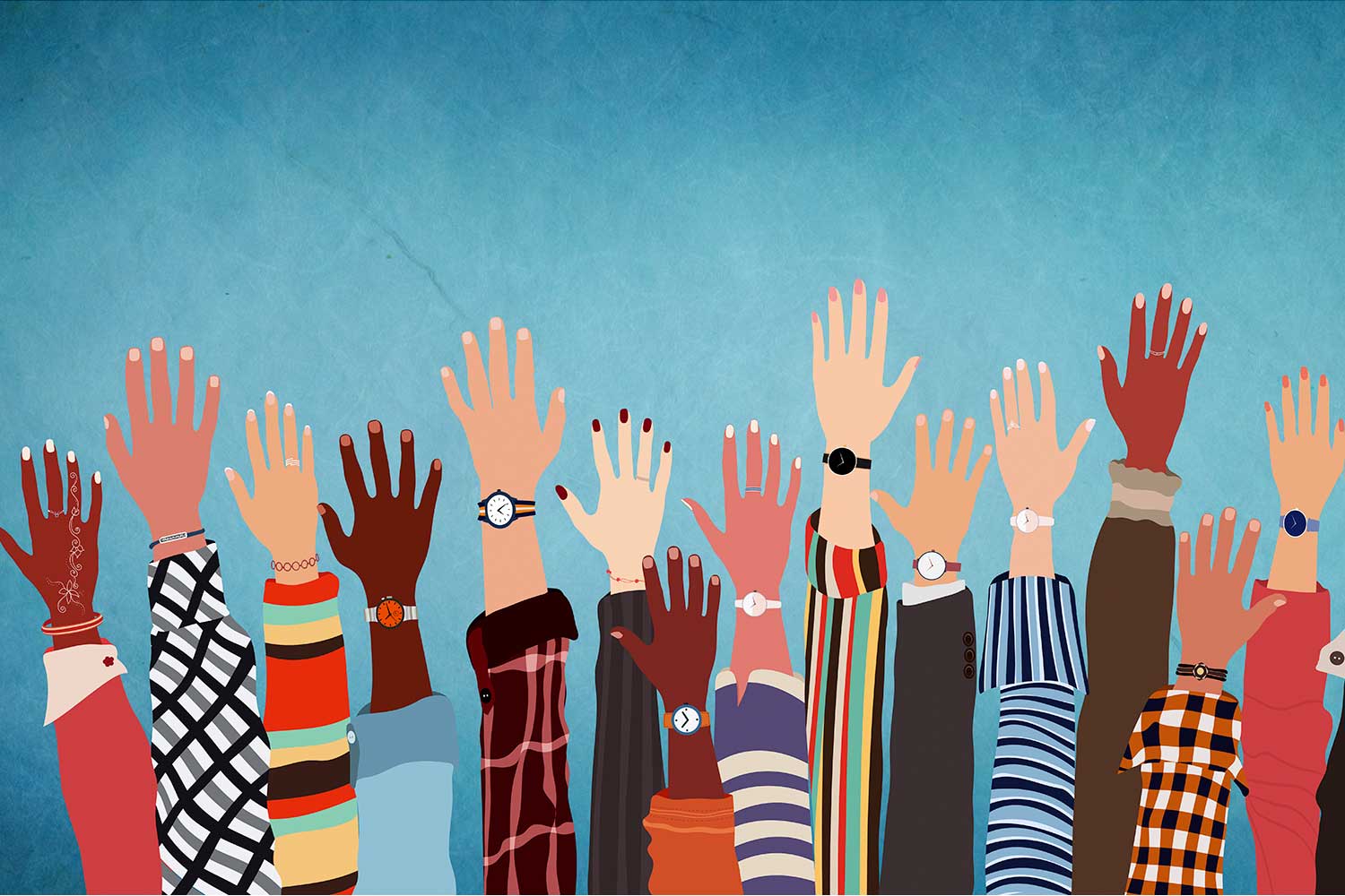 Illustration of multiple hands raised in the air