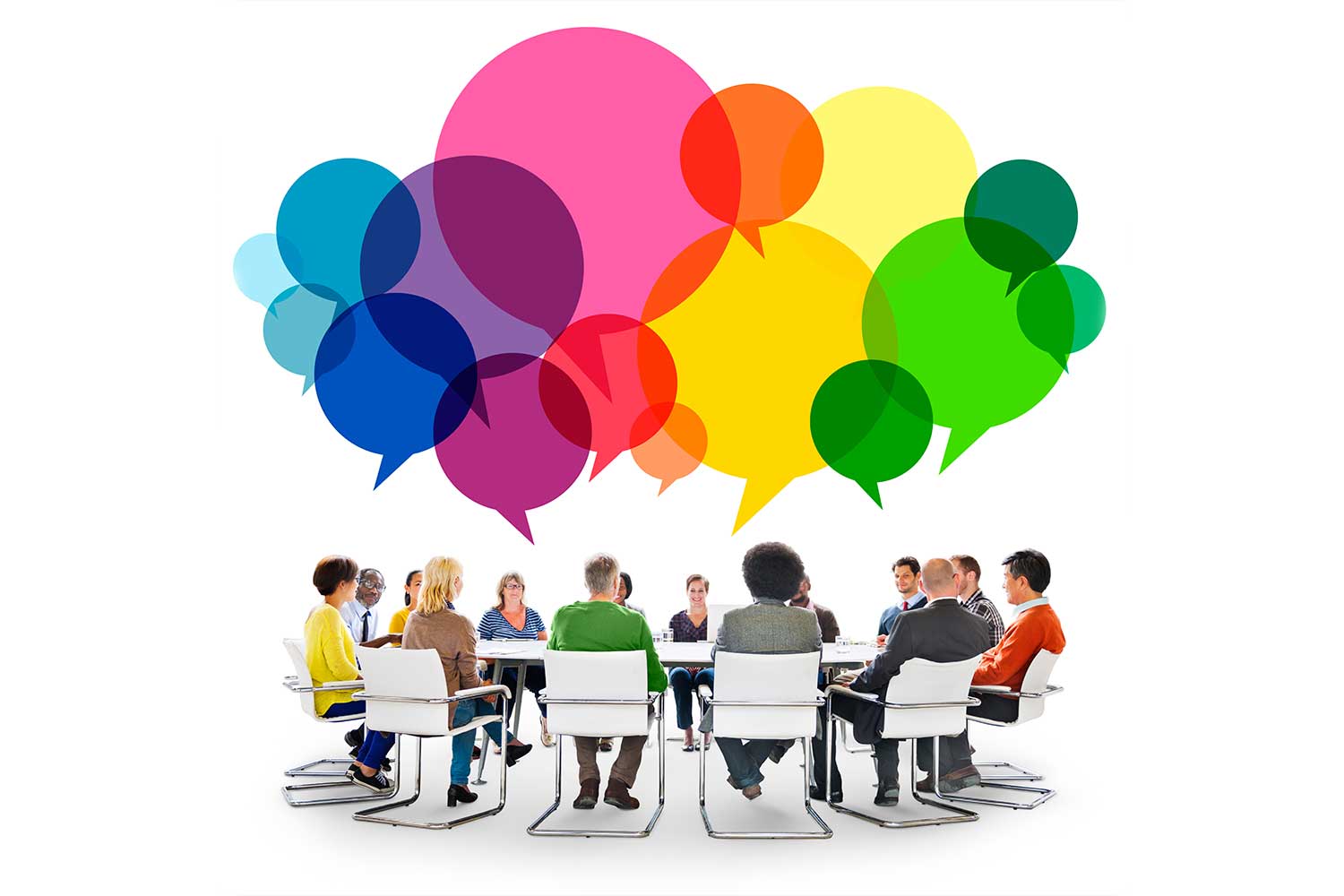 A group of people at a table with multiple cartoonish speech bubbles above them