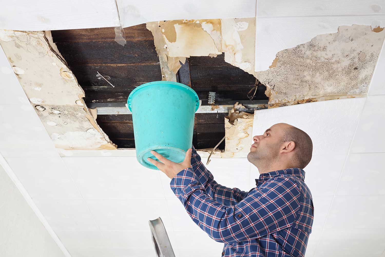 a man on a ladder holding a bucket up to catch water coming from a large hole in the ceiling