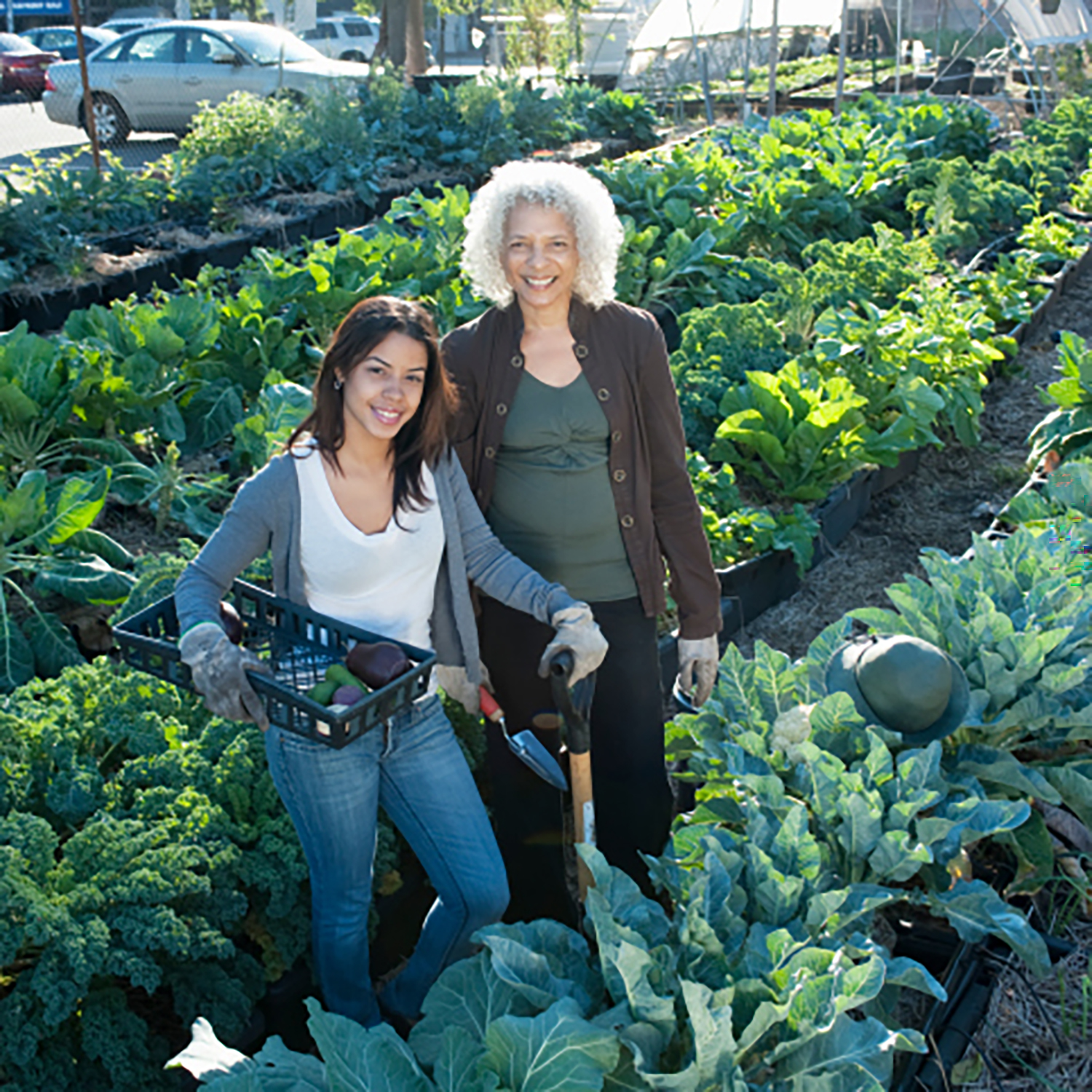Two volunteers work together in the garden at Food First in Oakland, CA.