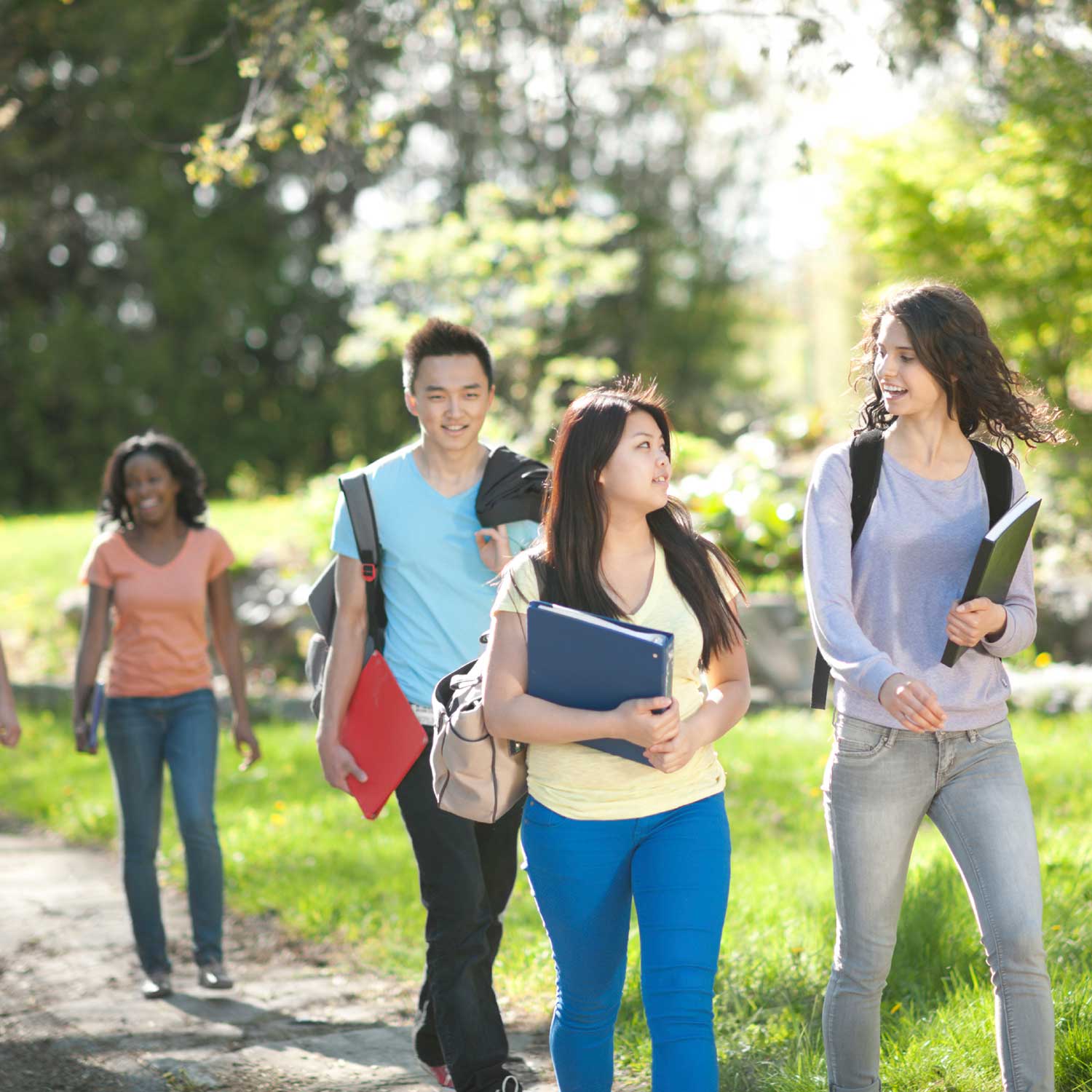 a group of students walk in a grassy area