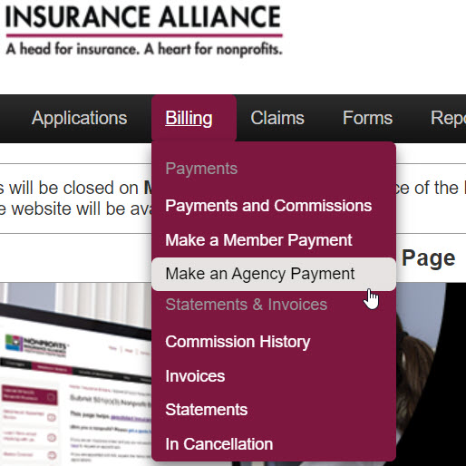 close-up of broker billing menu on NIA Broker Portal