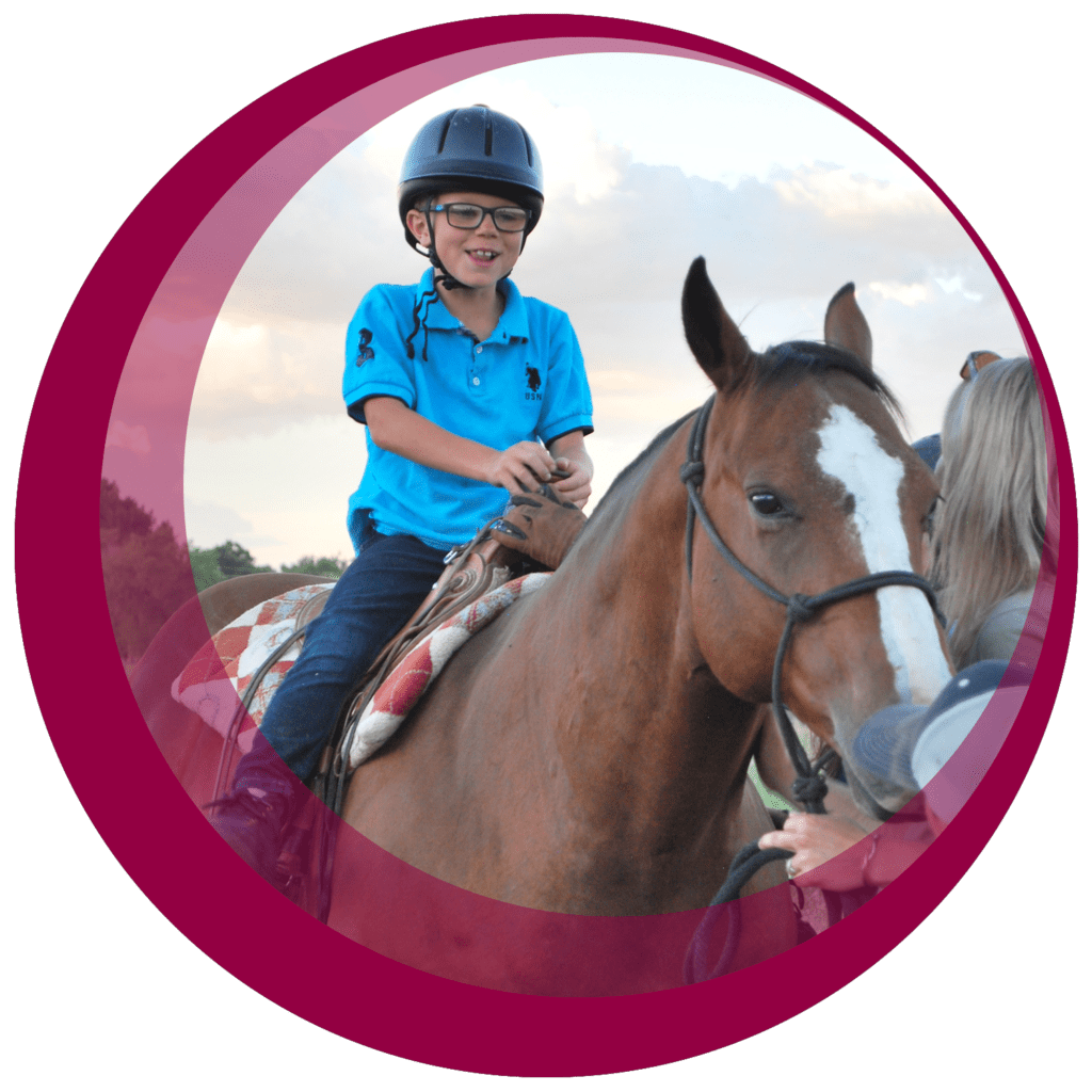 a boy in a helmet rides a horse