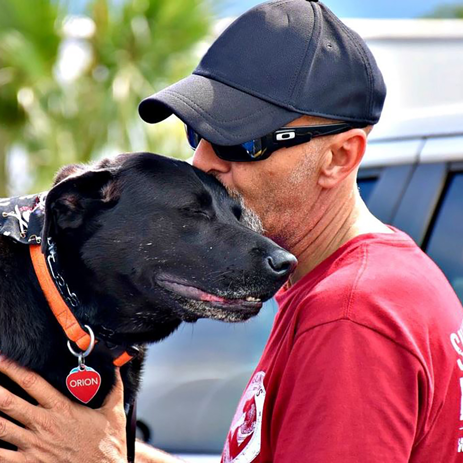 a man wearing a baseball cap kisses a dog