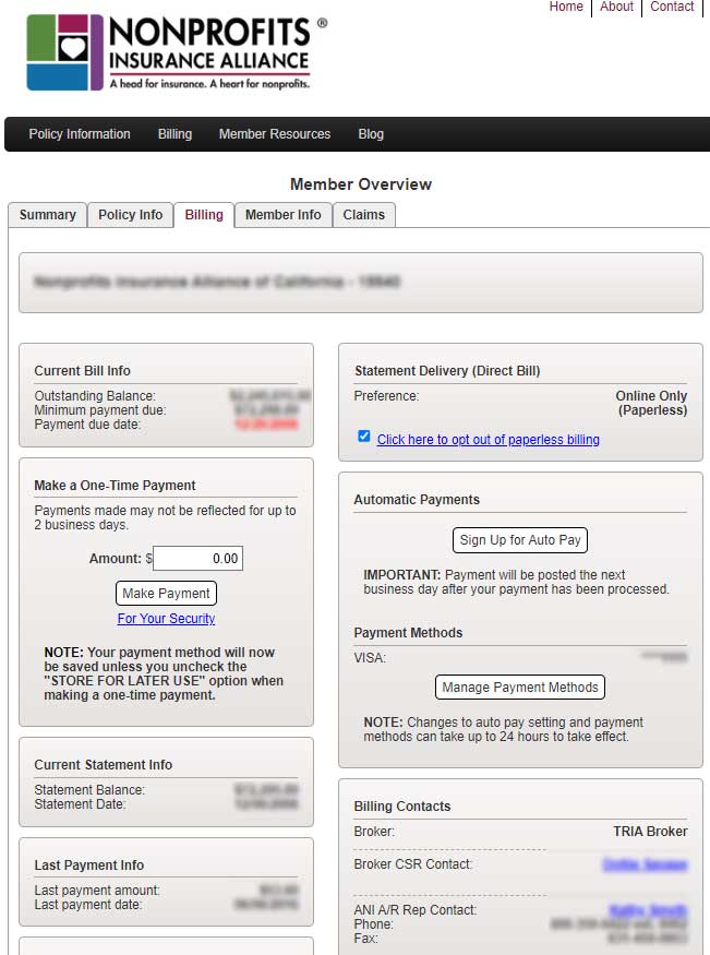 NIA Member Portal Billing page