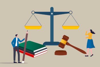 illustration of two people looking at scales of justice, books, and a gavel