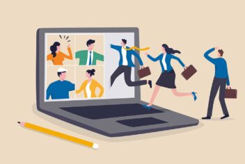 illustration of business people running into a laptop screen representing remote work