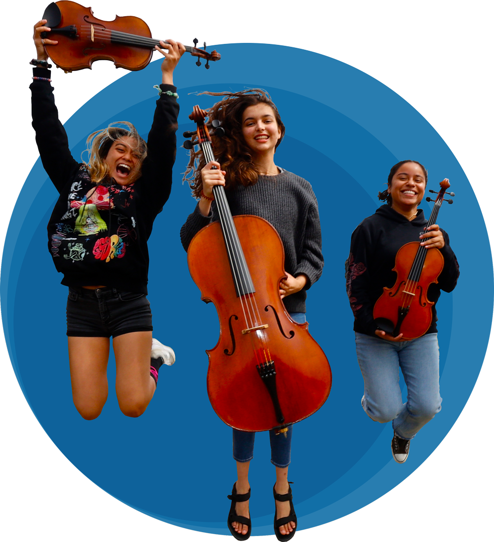 Three women with string instruments smile as they jump into the air