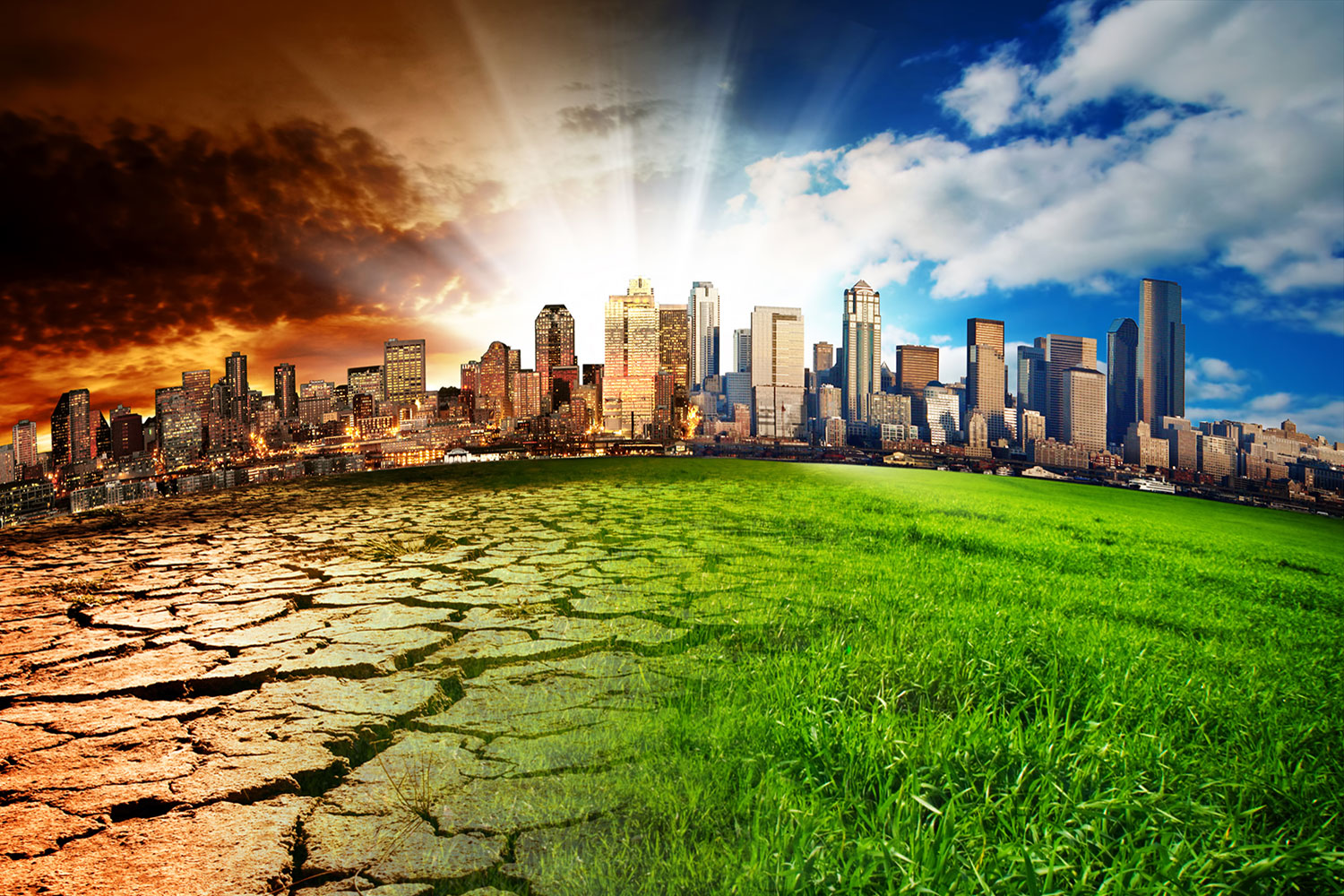 city skyline with sky and foreground showing effects of climate change