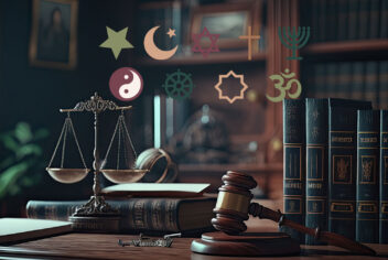 a law office with religious and law symbols