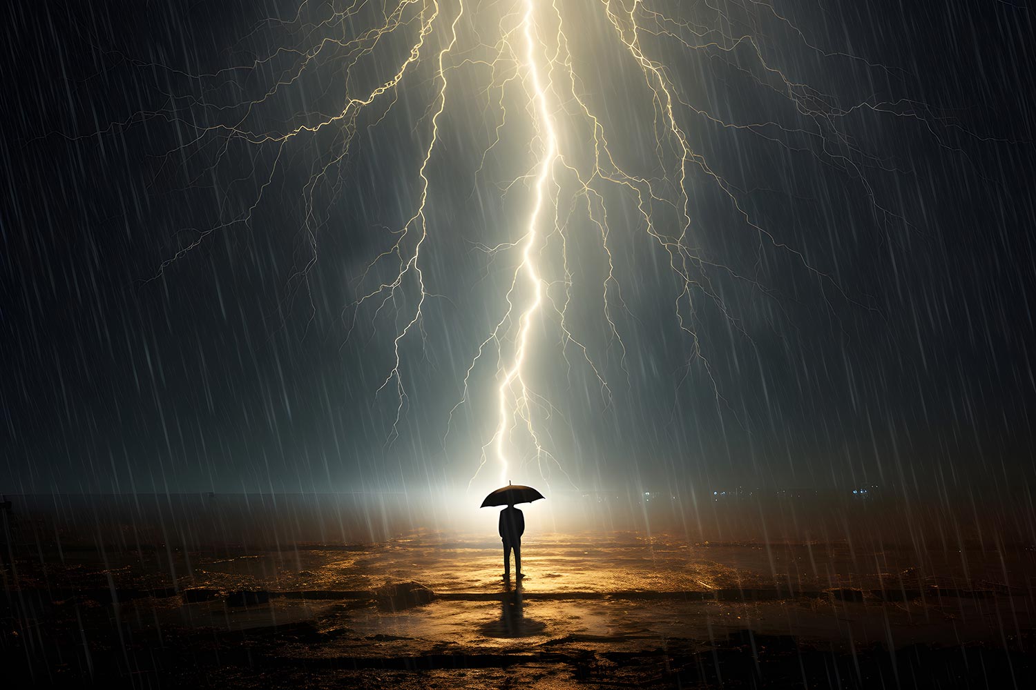 Lightning strikes a man with an umbrella