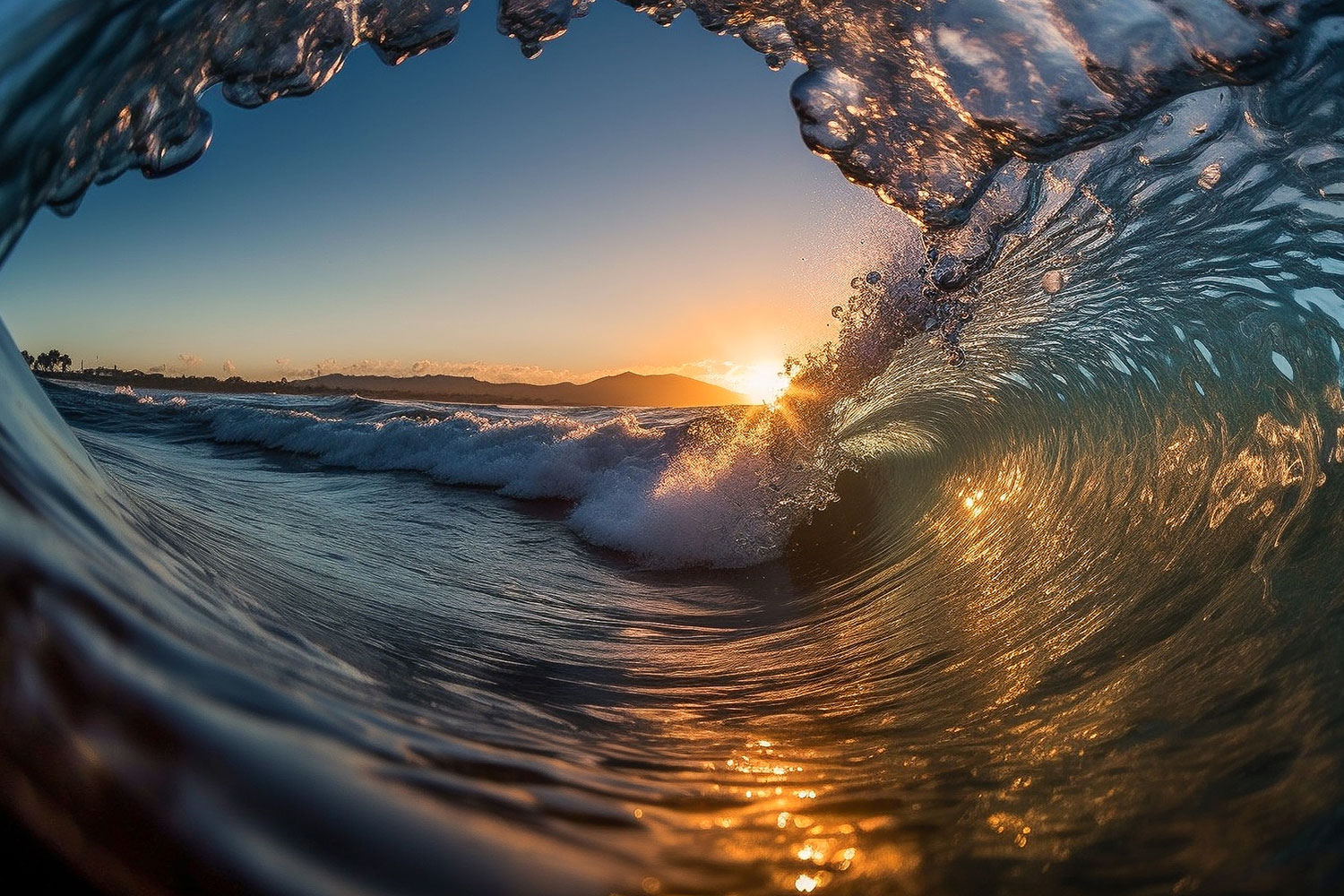 view from inside a wave looking at the coastline and a sunset