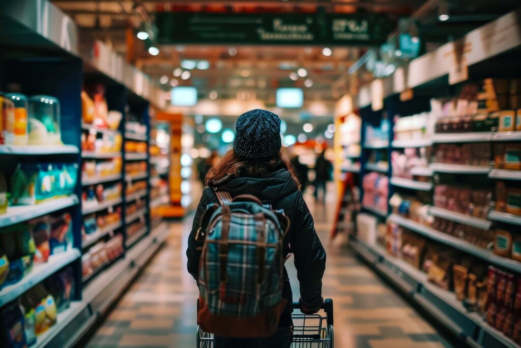 a person shopping in a grocery store with a cart