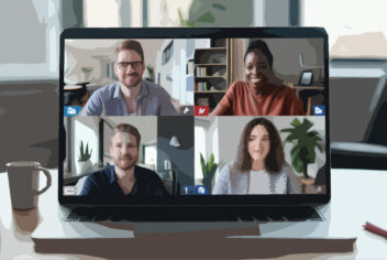 artistic rendering of four people on a video conference on a laptop screen