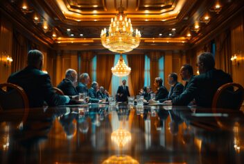 A group of men sit at a large conference table. Opulent chandeliers are above them.