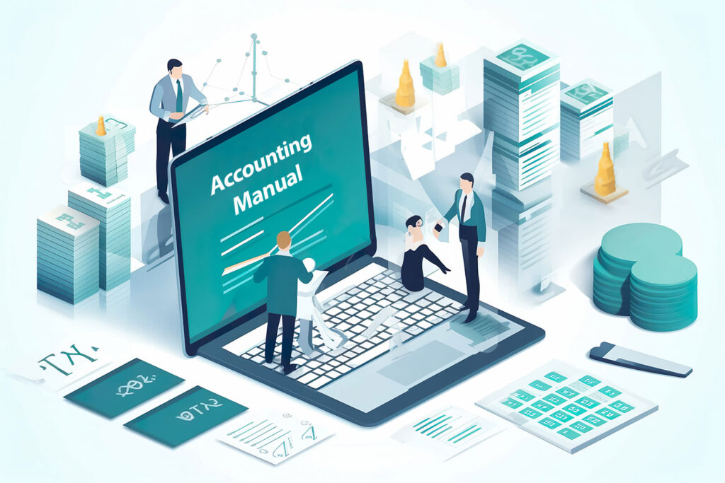 illustration of a laptop and accounting symbols with business people