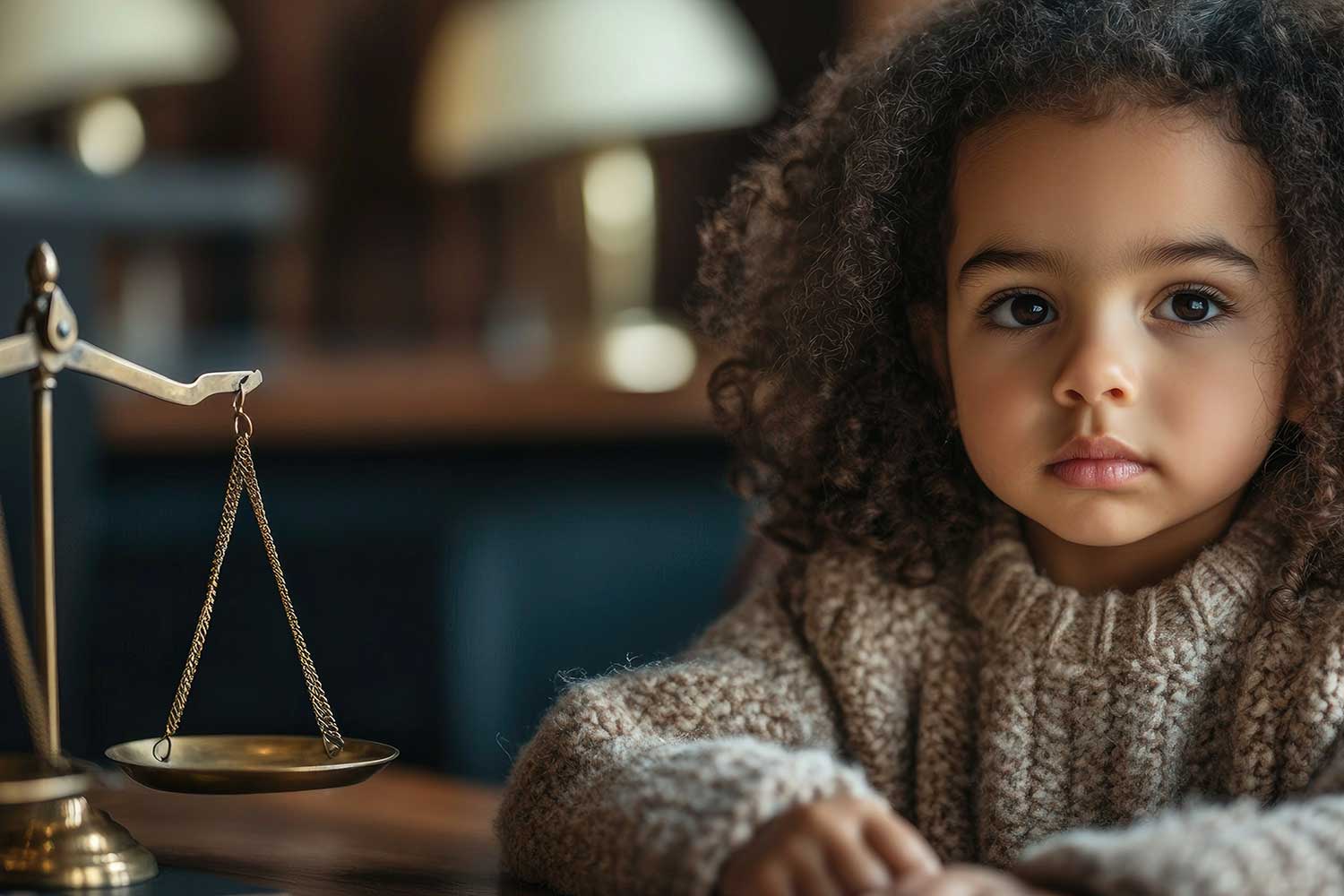 a child sitting in an office at a desk with a scales of justice