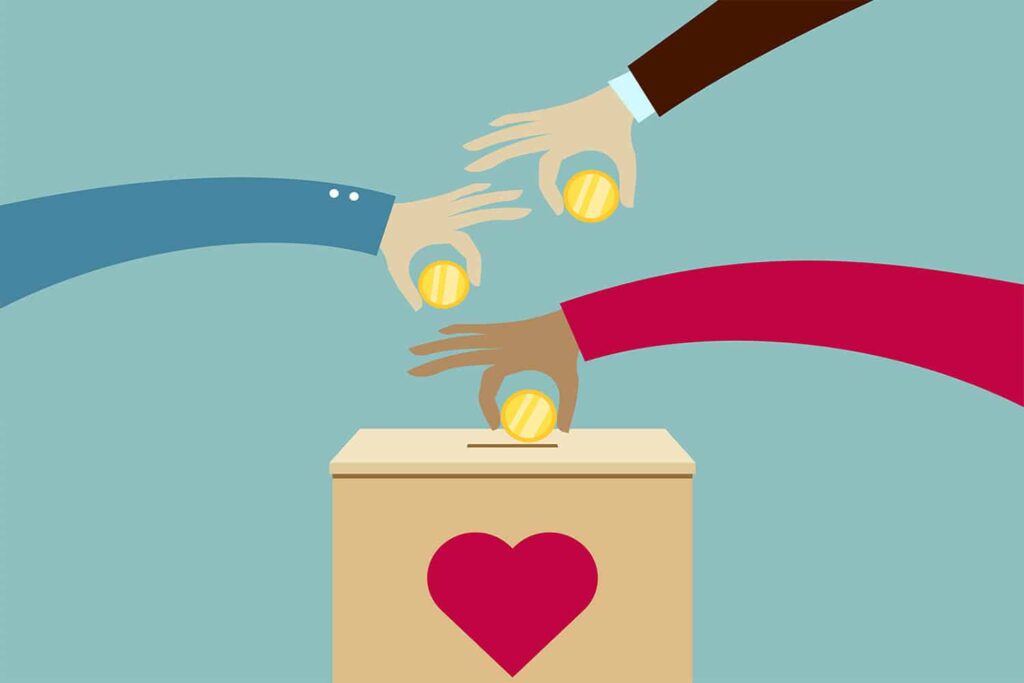 several arms putting coins in a box with a heart