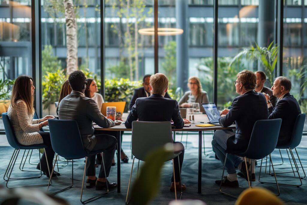 people sitting around a table looking at laptops