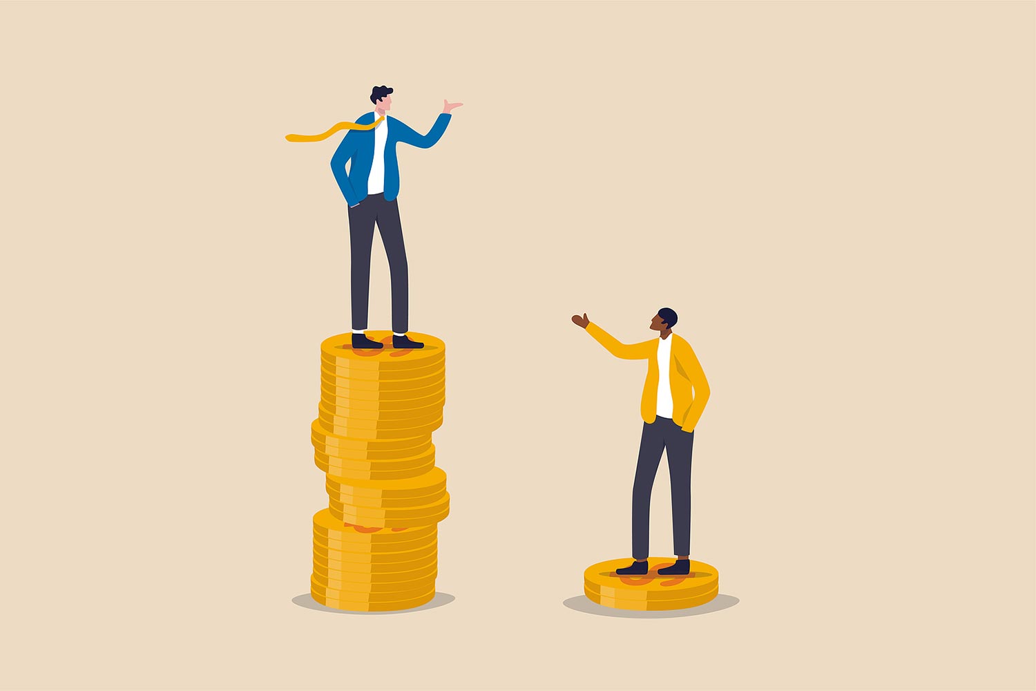 two people standing on different height stacks of coins