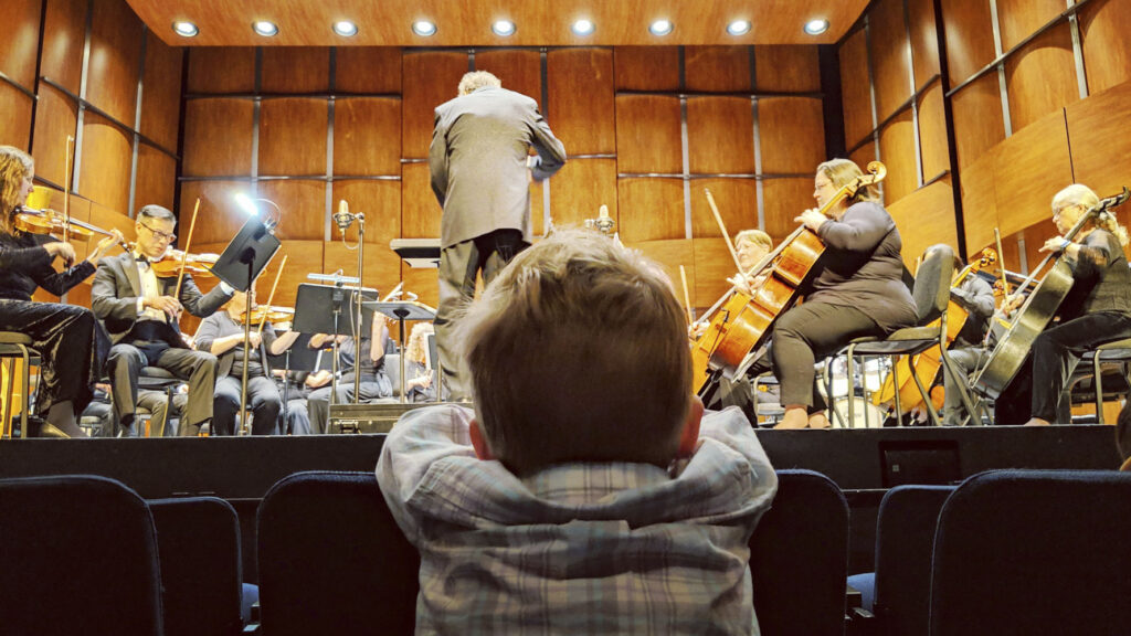 a small child viewed from behind watches a symphony perform