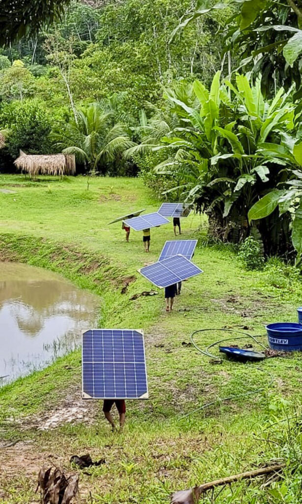 people carrying solar panels in a lush green landscape