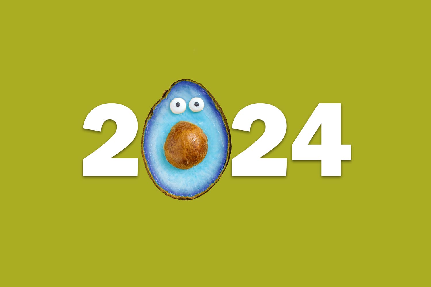 2024. The zero is a blue avocado with eyes.