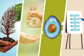 Collage of images: Hand with a small tree, hand taking a bag of money, a blue avocado with eyes, a cartoon chart