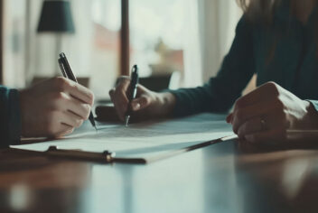 two people signing a document