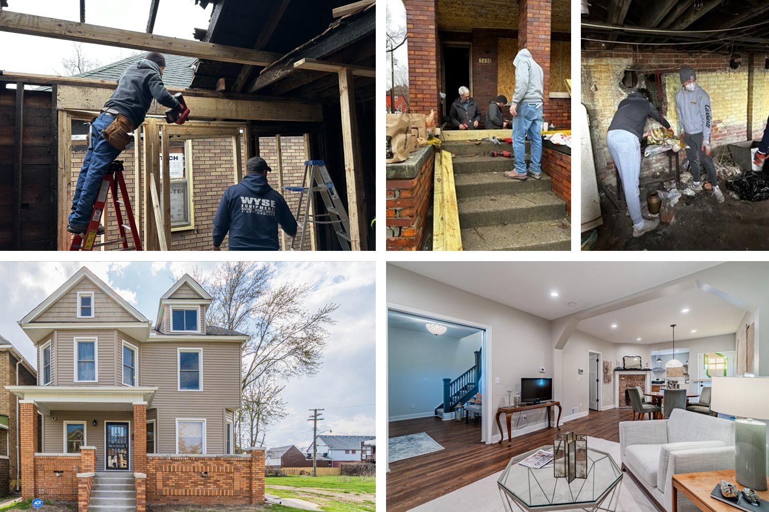 Collage of photos show a before and after process of a run-down abandoned home remodeled to be a beautiful new home