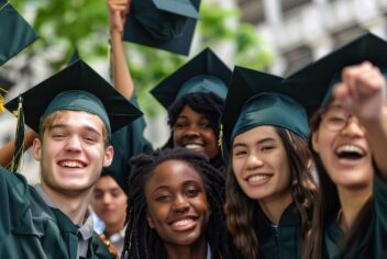 a group of smiing people in graduation caps and gowns