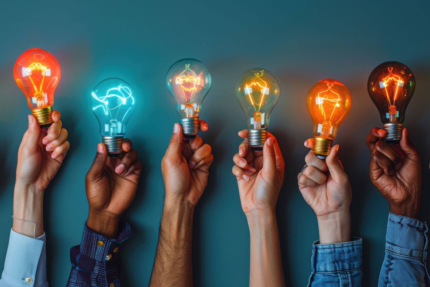 hands holding different colored light bulbs