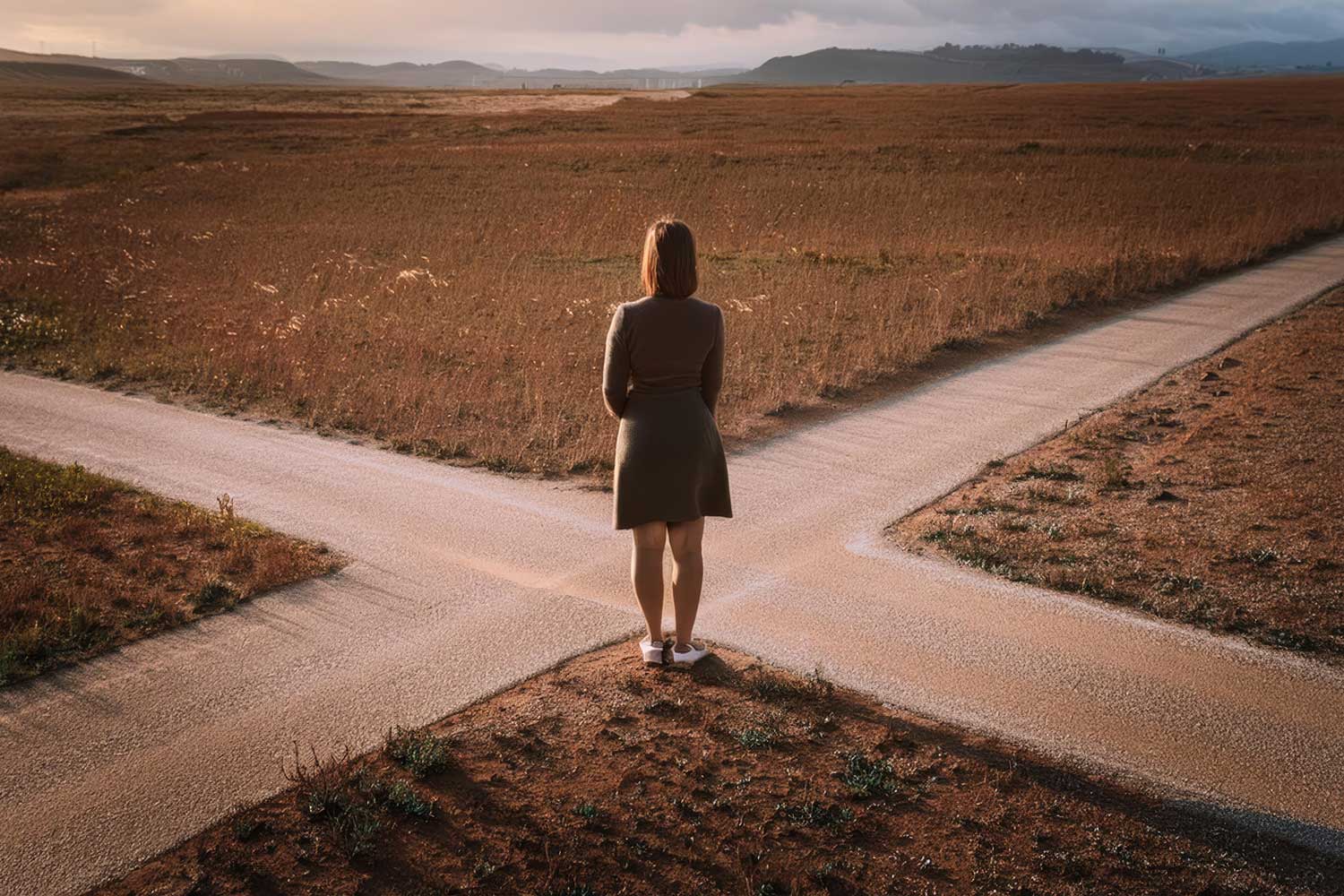 A woman stands at a crossroads