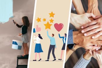 Collage of images: girl painting, people with social icons, hand pile