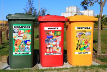 3 bins that have "compost", "Waste", and "recylce" written on them.