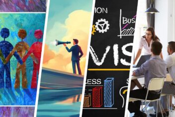 collage of colorful images: paper cut-out people, man on ship, vision chalkboard, meeting table