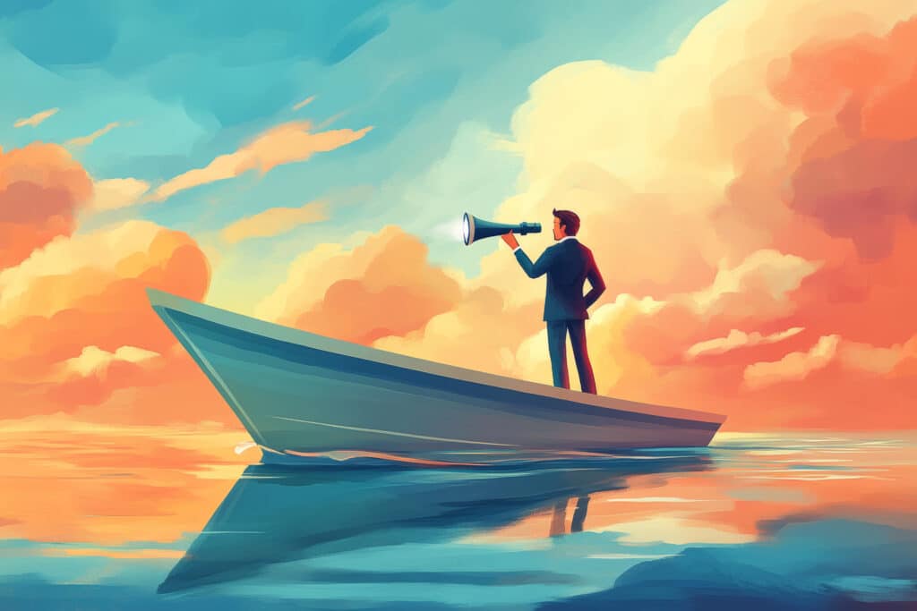 a person on a boat with a monocle