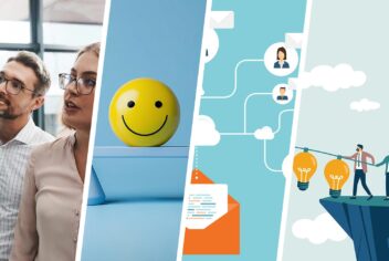 collage of colorful images: two people, a sad and happy face, envelope and emails to people, people pulling a string of lightbulbs