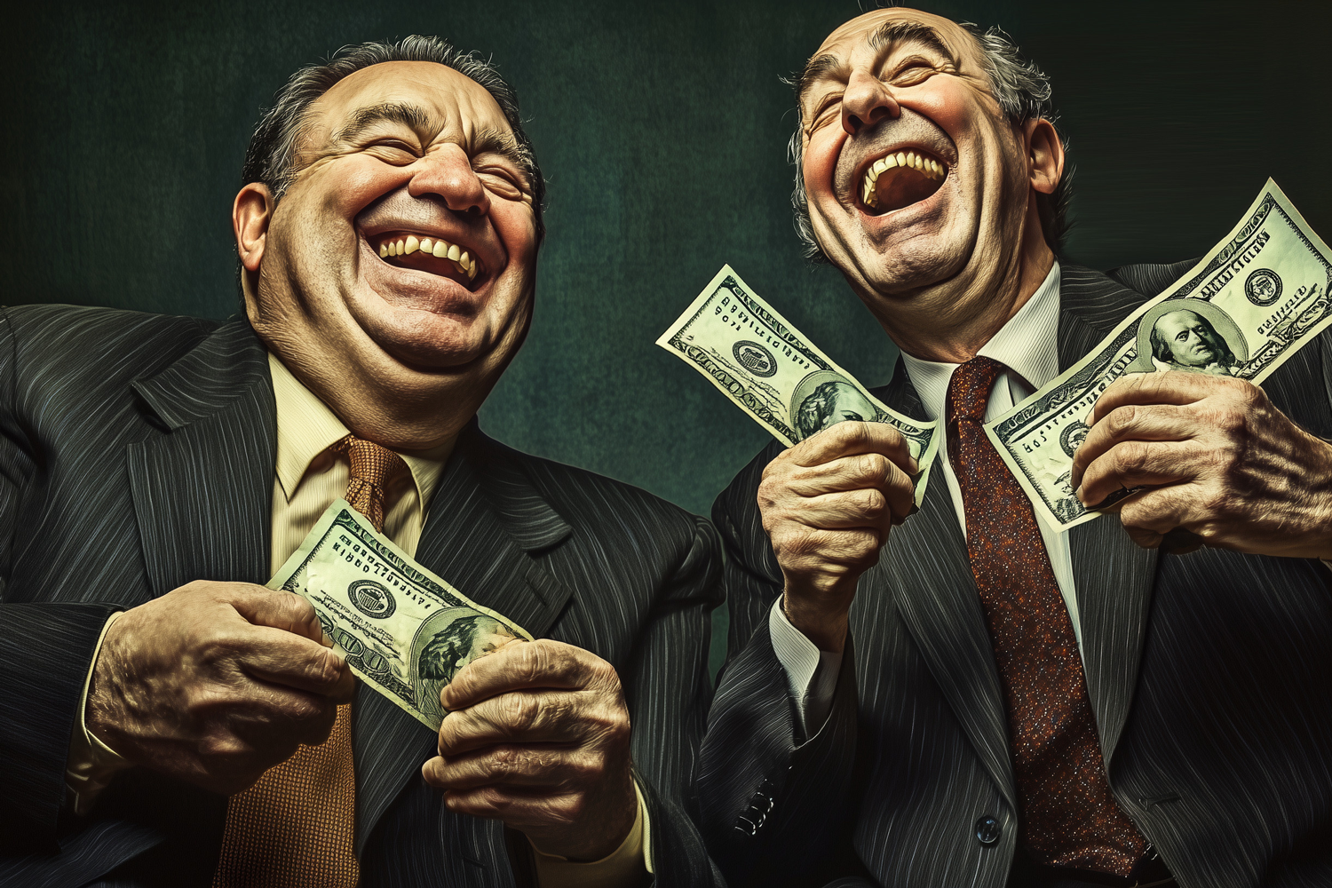 Men in suits laughing while holding money.