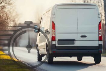a van driving away with a moving clock next to it