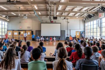 a school auditorium audience